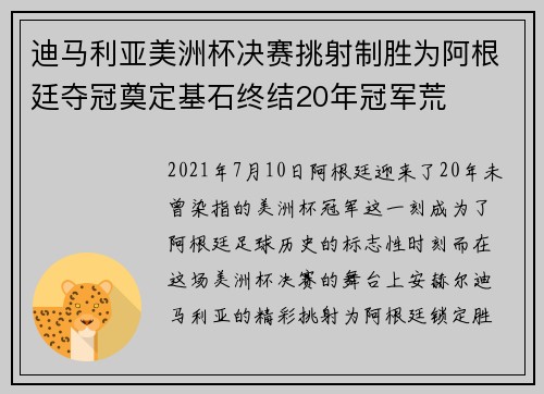 迪马利亚美洲杯决赛挑射制胜为阿根廷夺冠奠定基石终结20年冠军荒
