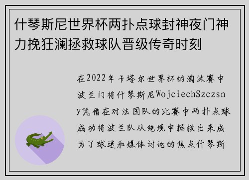 什琴斯尼世界杯两扑点球封神夜门神力挽狂澜拯救球队晋级传奇时刻