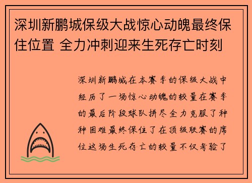 深圳新鹏城保级大战惊心动魄最终保住位置 全力冲刺迎来生死存亡时刻